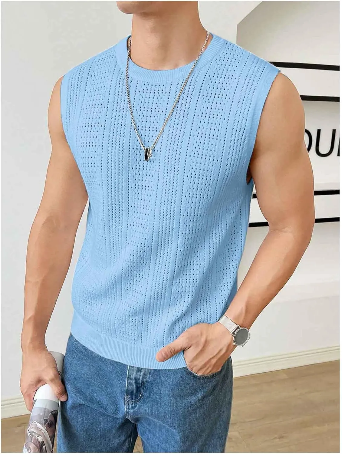 Verdusa Men's Sleeveless Round Neck Knit Tank Top Casual Sweater Vest