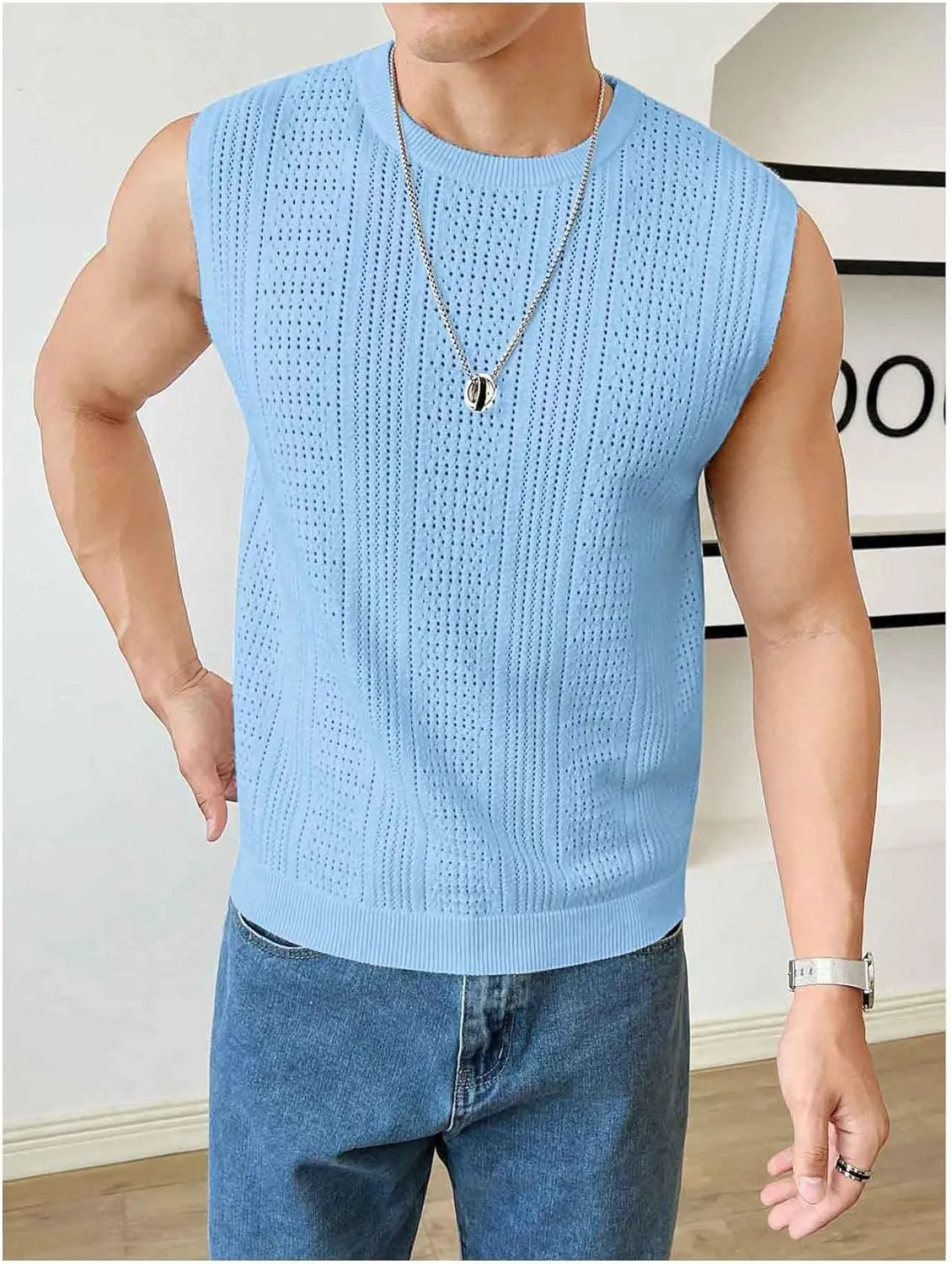 Verdusa Men's Sleeveless Round Neck Knit Tank Top Casual Sweater Vest