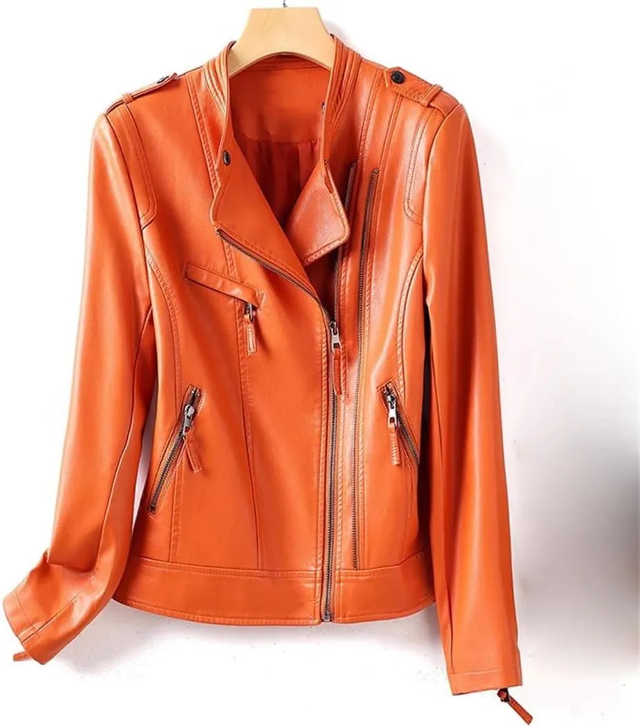 Women Spring-Autumn Motorcycle Leather Jacket Fashion Slim Short Biker Coat Fashion Asymmetric Zipper Jacket