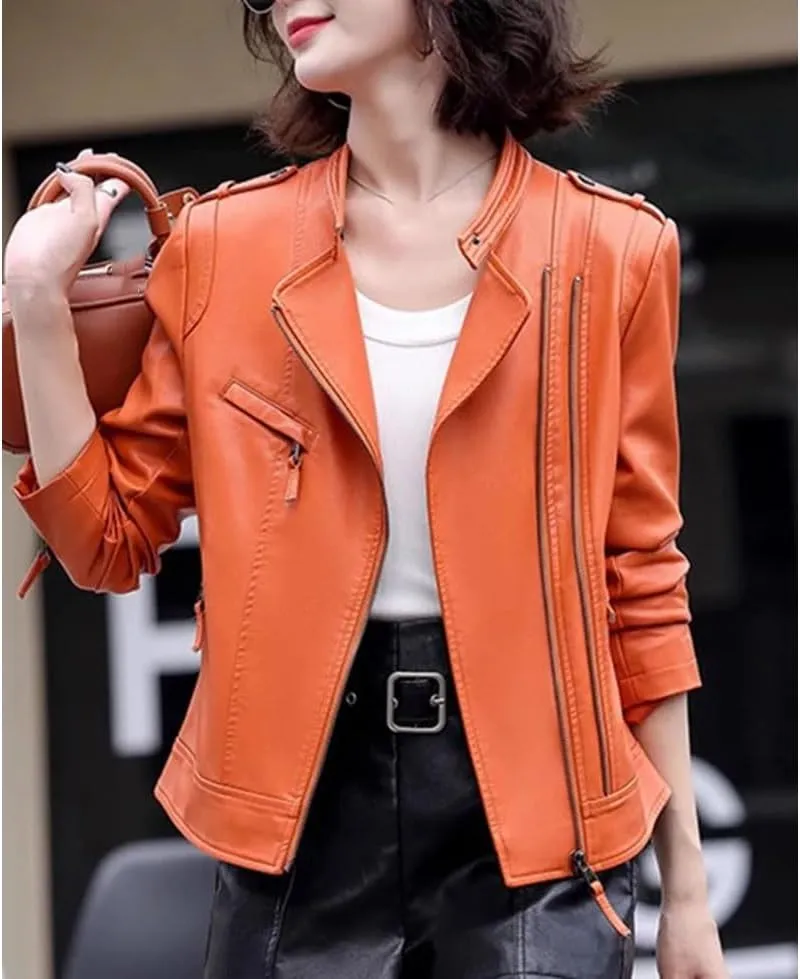 Women Spring-Autumn Motorcycle Leather Jacket Fashion Slim Short Biker Coat Fashion Asymmetric Zipper Jacket