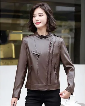 Women Spring-Autumn Motorcycle Leather Jacket Fashion Slim Short Biker Coat Fashion Asymmetric Zipper Jacket