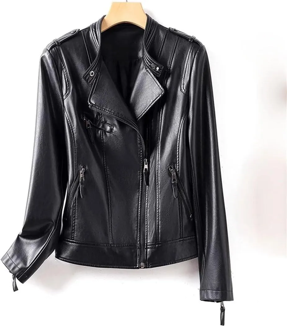 Women Spring-Autumn Motorcycle Leather Jacket Fashion Slim Short Biker Coat Fashion Asymmetric Zipper Jacket