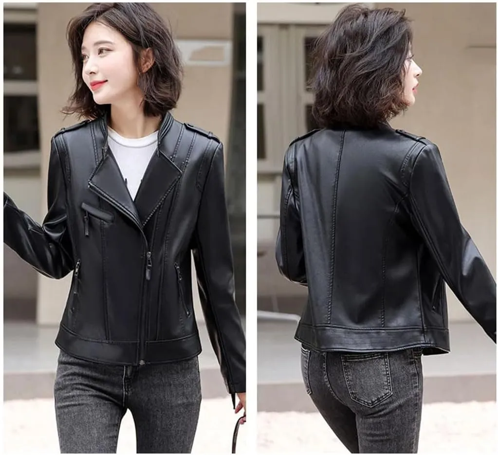 Women Spring-Autumn Motorcycle Leather Jacket Fashion Slim Short Biker Coat Fashion Asymmetric Zipper Jacket