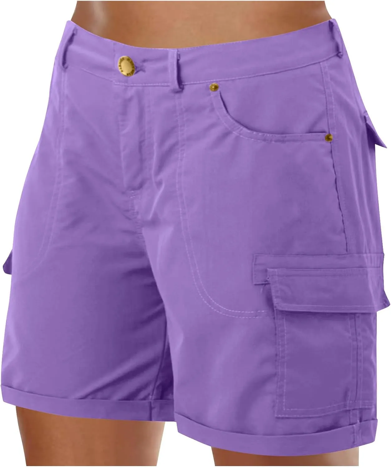 Women Summer Cargo 5'' Shorts, Fashion Mid Waist Lightweight Casual Athletic Shorts Solid Color Folded Hem Pockets Clothes