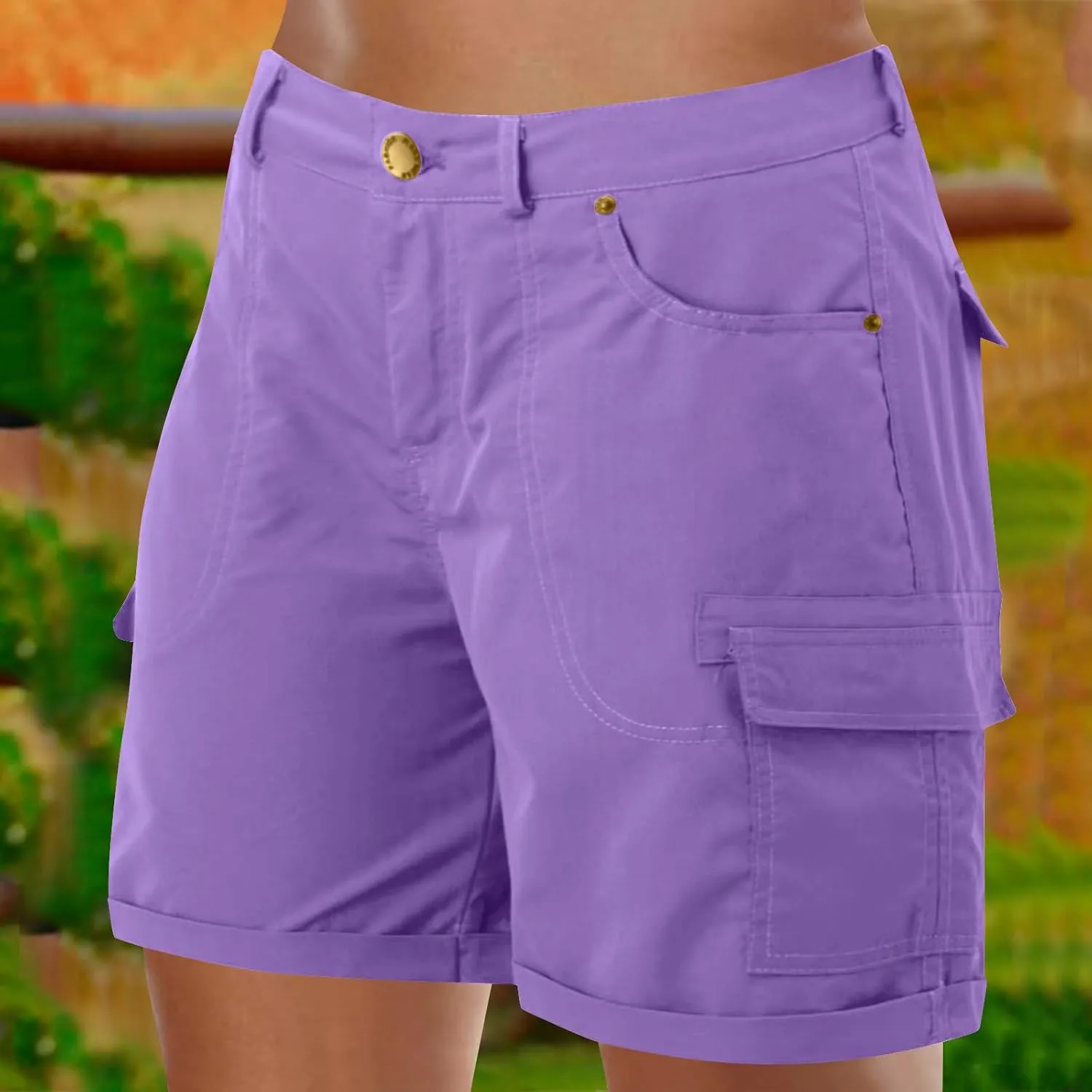 Women Summer Cargo 5'' Shorts, Fashion Mid Waist Lightweight Casual Athletic Shorts Solid Color Folded Hem Pockets Clothes