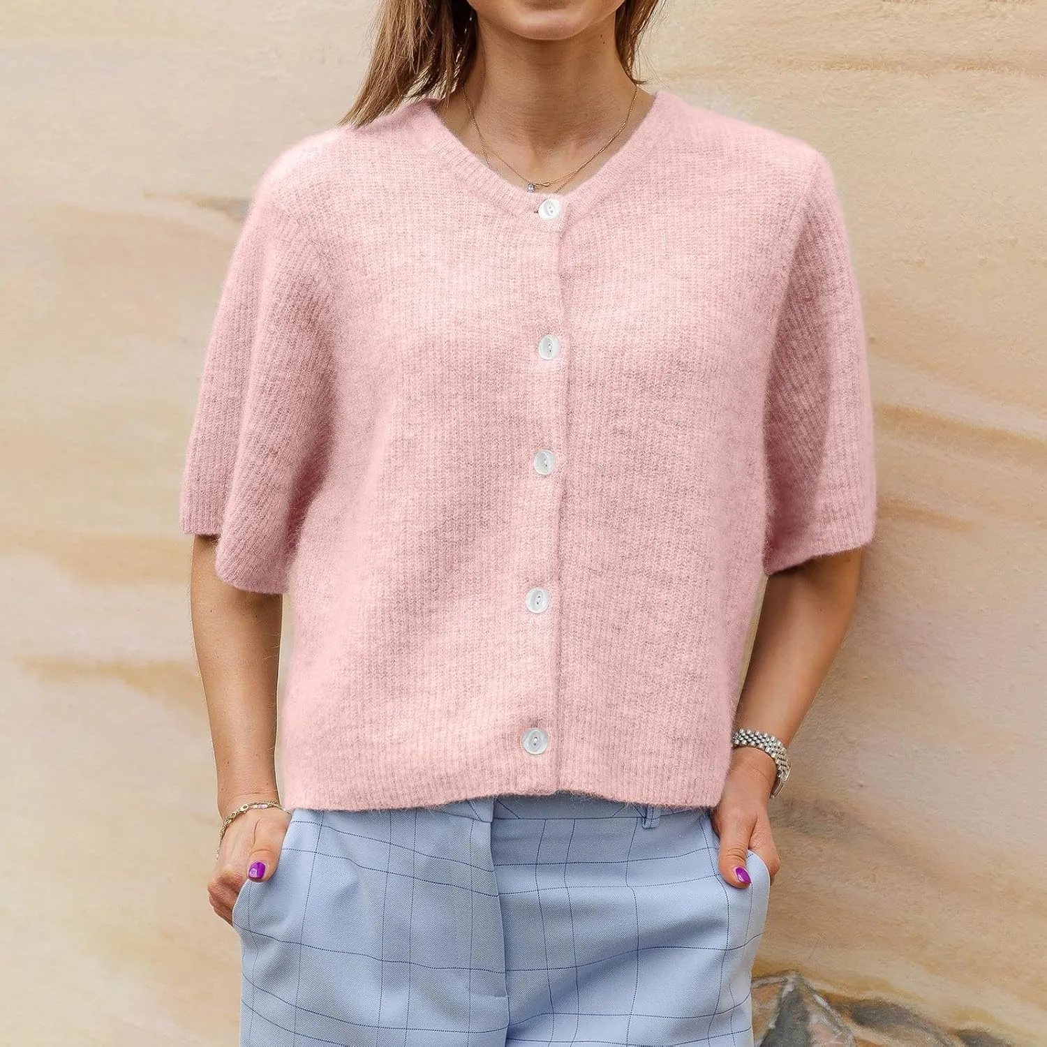 Women Y2k Knit Cardigan Shirts Open Front Button Down Crop Cardigans Sweater Short Sleeve Loose Tee Tops