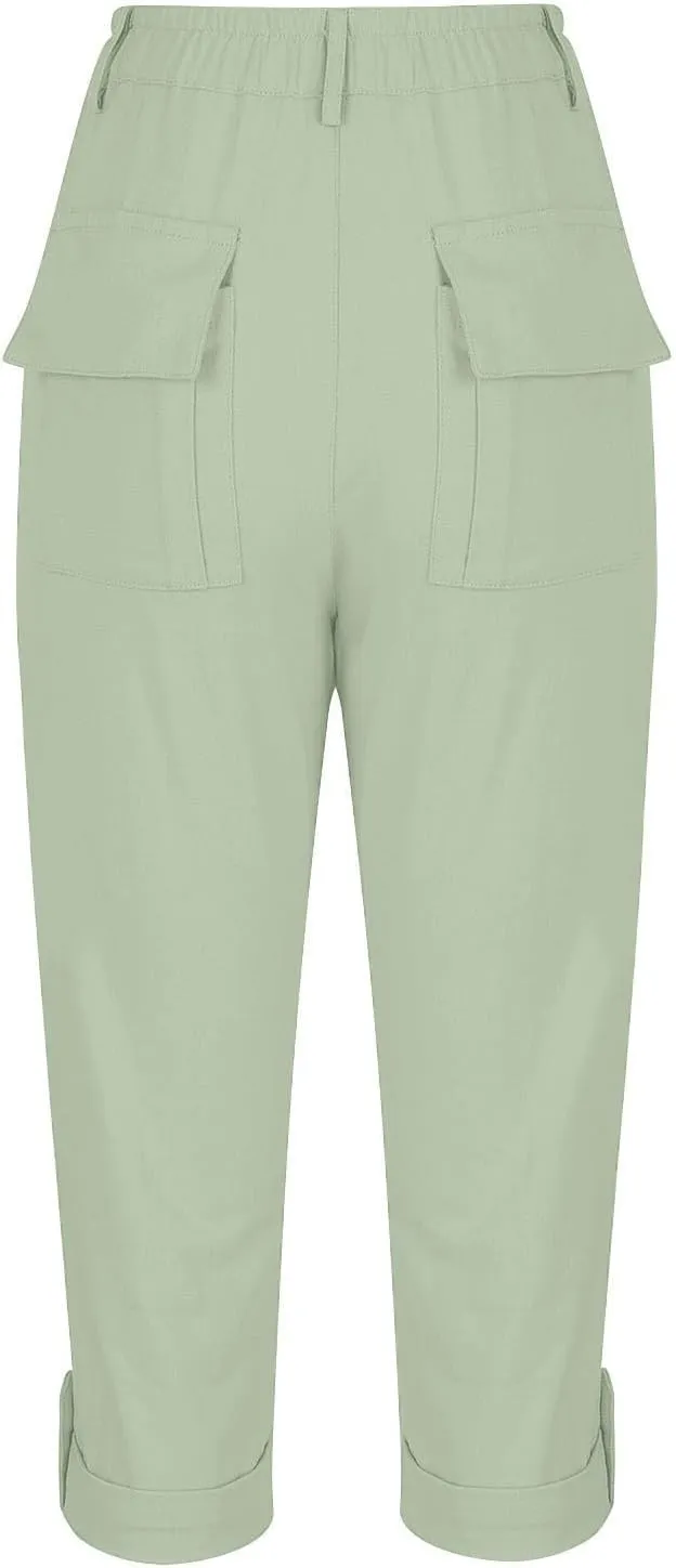 Womens Capris with Pockets Stretch Lightweight Casual Cargo Pants Rolled Hem Summer Cropped Trousers Outdoor Clothes