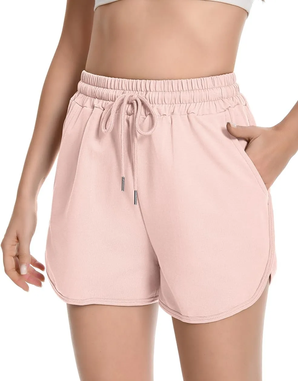 Womens Casual Sweat Shorts Curvy Hem Summer Cotton Lounge Shorts Drawstring Jersey Athletic Workout Shorts with Pockets