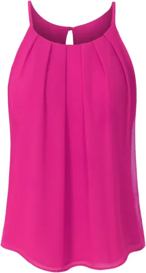 Women's Round Neck Pleated Double Layered Chiffon Cami Tank Top (S~3XL)