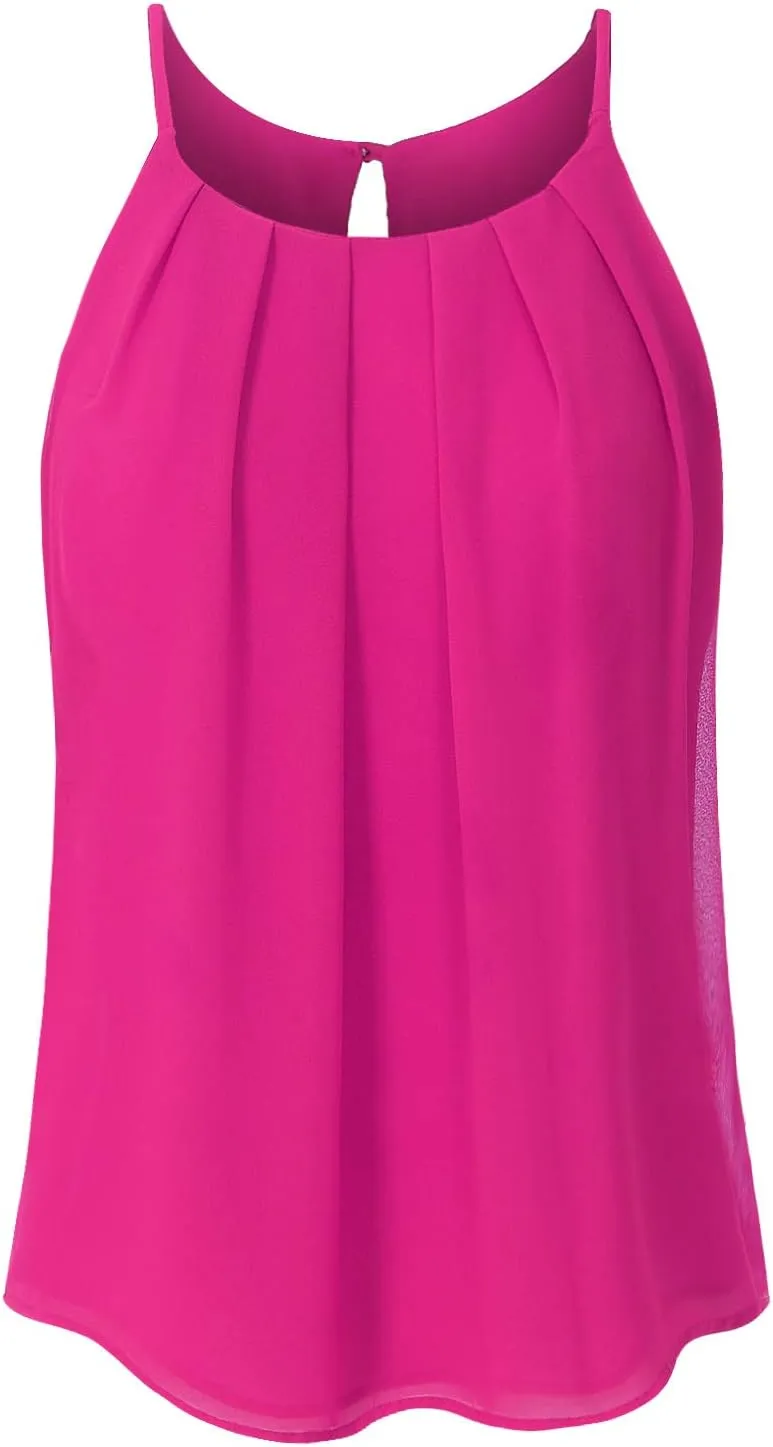 Women's Round Neck Pleated Double Layered Chiffon Cami Tank Top (S~3XL)