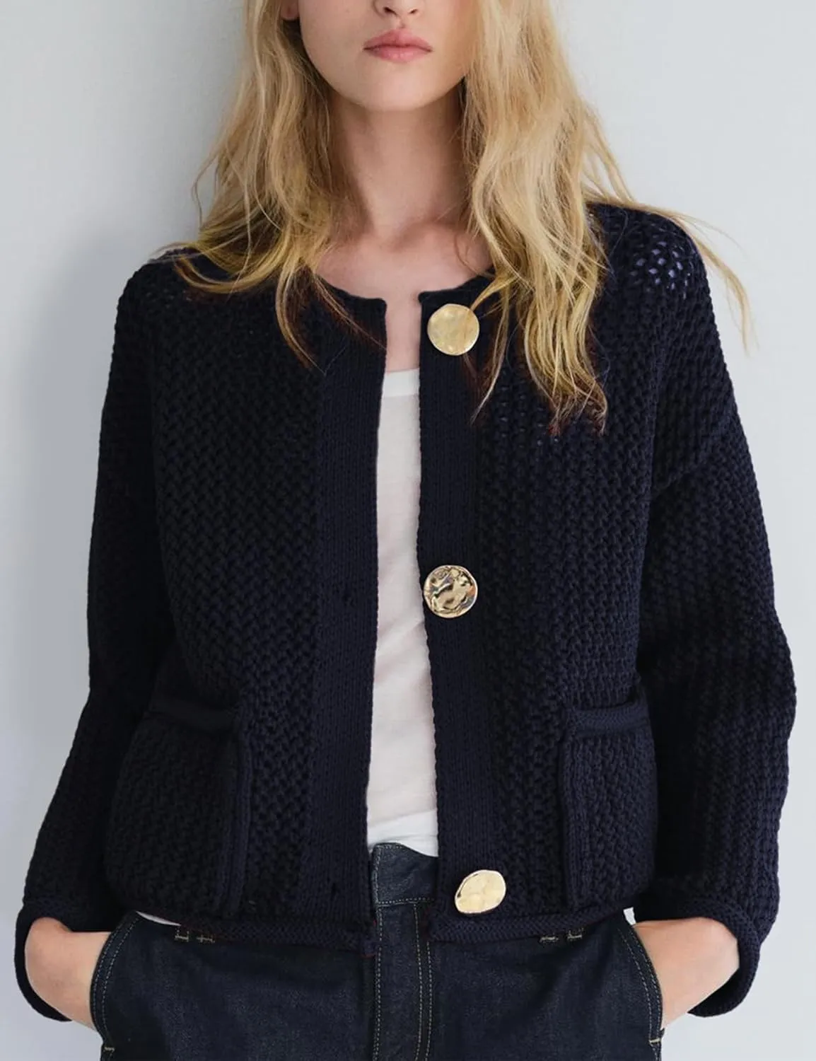 Yimoon Womens Cropped Cardigan Sweaters Gold Button Down Chunky Knit Sweaters Long Sleeve Open Front Fall Crochet Cardigan