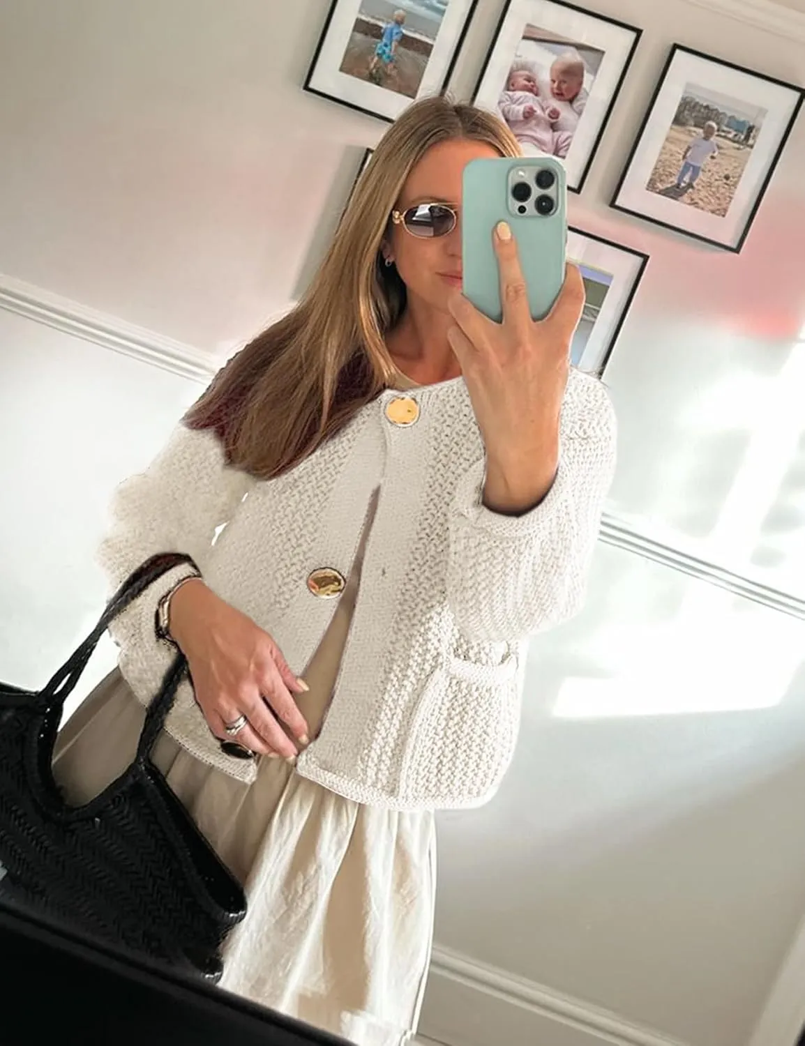 Yimoon Womens Cropped Cardigan Sweaters Gold Button Down Chunky Knit Sweaters Long Sleeve Open Front Fall Crochet Cardigan